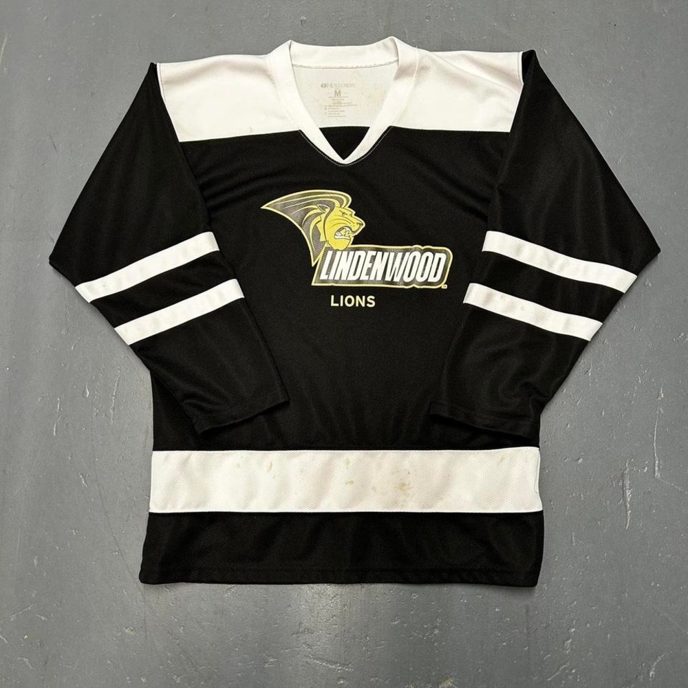 Vintage Lindenwood university lions black and white college hockey jersey